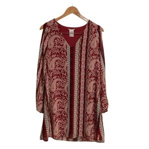 INTU Boho Style Tunic Top Burgundy Long Slit Sleeve
